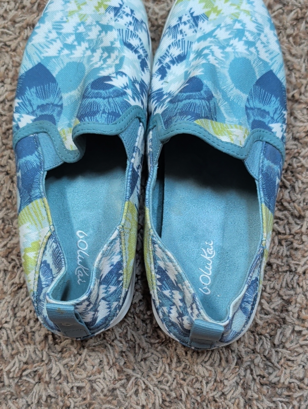 OluKai Women's Slip-On Athletic Sneakers in Teal, Blue and Lime Pattern